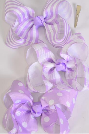 Hair Bow Jumbo Plaid Polka dots Stripe Mix Grosgrain Bow-tie Lavender / 12 pcs Bow = Dozen Lavender , Alligator Clip , Bow - 6" x 5" Wide , 4 of each Pattern Asst , Clip Strip & UPC Code