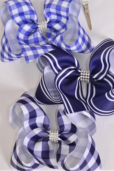 Hair Bow Jumbo Navy Plaid Stripe Mix Grosgrain Bow-tie / 12 pcs Bow = Dozen  Alligator Clip , Size - 6" x 5" Wide , 4 Of each Pattern Asst , Clip Strip and UPC Code