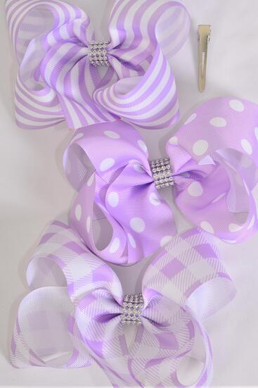 Hair Bow Jumbo Plaid Polka dots Stripe Mix Grosgrain Bow-tie Lavender / 12 pcs Bow = Dozen Lavender , Alligator Clip , Bow - 6" x 5" Wide , 4 of each Pattern Asst , Clip Strip & UPC Code