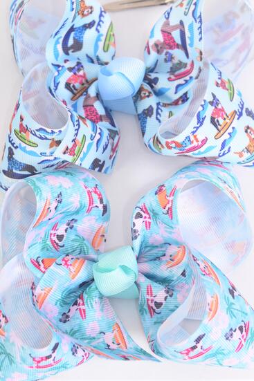 Hair Bow Jumbo Surfing Dogs Grosgrain Bow-tie /  12 pcs Bow = Dozen Alligator Clip , Bow - 6" x 5" Wide , 6 of each Pattern Asst , Clip Strip & UPC Code