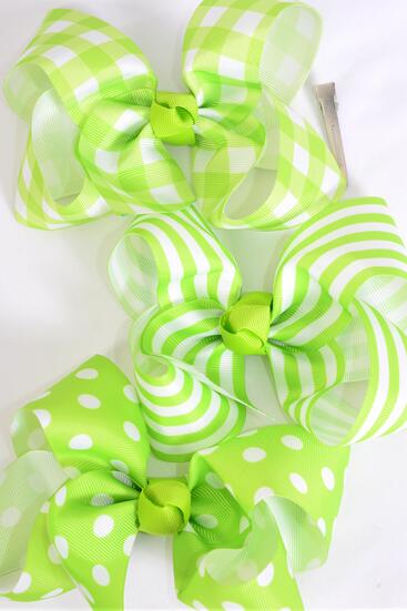 Hair Bow Jumbo Plaid Polka dots Stripe Mix Grosgrain Bow-tie Lime Green / 12 pcs Bow = Dozen Lime Green Mix , Alligator Clip , Bow - 6" x 5" Wide , 4 of each Pattern Asst , Clip Strip & UPC Code