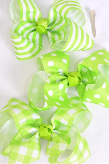 Hair Bow Jumbo Plaid Polka dots Stripe Mix Grosgrain Bow-tie Lime Green / 12 pcs Bow = Dozen Lime Green Mix , Alligator Clip , Bow - 6" x 5" Wide , 4 of each Pattern Asst , Clip Strip & UPC Code