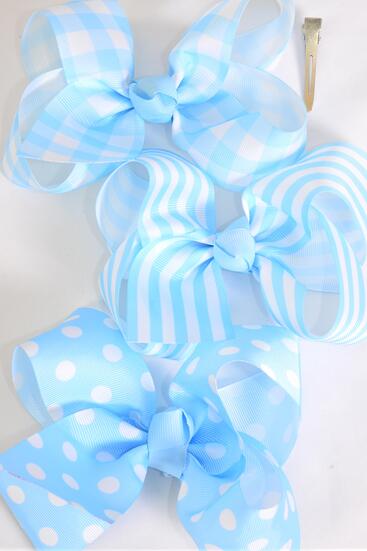 Hair Bow Jumbo Plaid Polka dots Stripe Mix Grosgrain Bow-tie Baby Blue Mix / 12 pcs Bow = Dozen Baby Blue Mix , Alligator Clip , Bow - 6" x 5" Wide , 4 of each Pattern Asst , Clip Strip & UPC Code