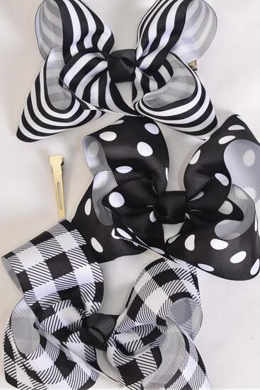 Hair Bow Jumbo Plaid Polka dots Stripe Mix Grosgrain Bow-tie Black Mix / 12 pcs Bow = Dozen Alligator Clip , Bow - 6" x 5" Wide , 4 of each Pattern Asst , Clip Strip & UPC Code