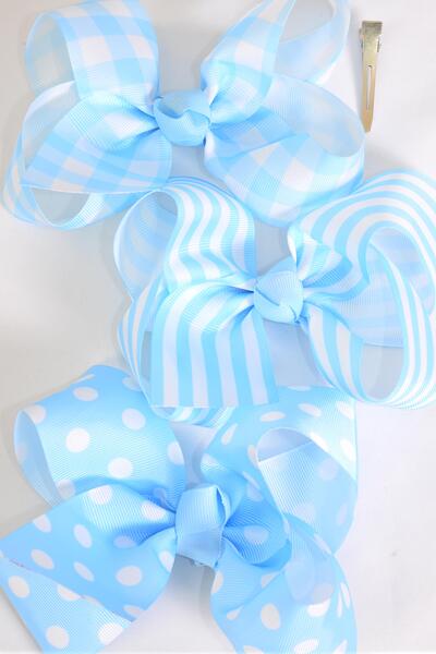 Hair Bow Jumbo Plaid Polka dots Stripe Mix Grosgrain Bow-tie Baby Blue Mix / 12 pcs Bow = Dozen Baby Blue Mix , Alligator Clip , Bow - 6" x 5" Wide , 4 of each Pattern Asst , Clip Strip & UPC Code