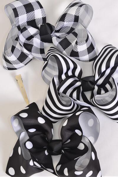 Hair Bow Jumbo Plaid Polka dots Stripe Mix Grosgrain Bow-tie Black Mix / 12 pcs Bow = Dozen Alligator Clip , Bow - 6" x 5" Wide , 4 of each Pattern Asst , Clip Strip & UPC Code