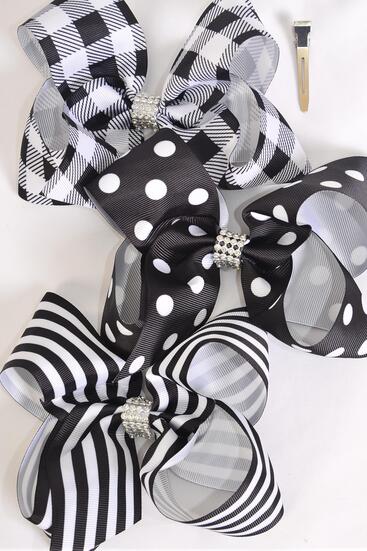 Hair Bow Jumbo Plaid Polka dots Stripe Mix Grosgrain Bow-tie Black Mix / 12 pcs Bow = Dozen Alligator Clip , Bow - 6" x 5" Wide , 4 of each Pattern Asst , Clip Strip & UPC Code