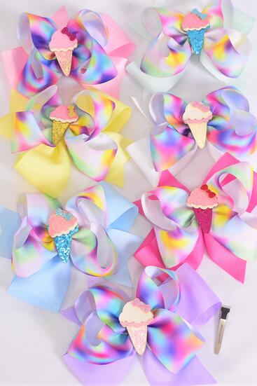 Hair Bow Jumbo Double Layered Ice Cream Cone Grosgrain Bow-tie Pastel / 12 pcs Bow  = Dozen Alligator Clip , Size - 6" x 5", 2 White , 2 Baby Pink , 2 Lavender , 2 Hot Pink , 2 Mint Green , 1 Blue , 1 Yellow Color Asst , Clip Strip & UPC Code