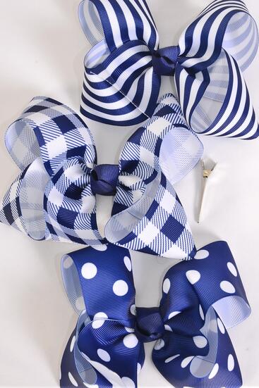 Hair Bow Jumbo Plaid Polka dots Stripe Pattern Mix Grosgrain Bow-tie Navy / 12 pcs Bow = Dozen Navy , Alligator Clip , Bow - 6" x 5" Wide , 4 of each Pattern Asst , Clip Strip & UPC Code