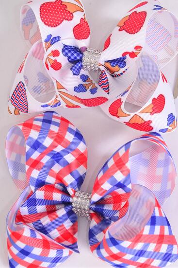 Hair Bow Jumbo Patriotic Plaid Treat ice Cream Popcicle Pattern Mix Grosgrain Bow-tie / 12 pcs BTreats ow = Dozen Alligator Clip , Bow - 6" x 5" Wide , 6 Of Each Pattern Asst , Clip Strip and UPC Code
