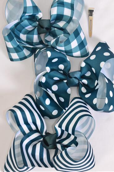 Hair Bow Jumbo Plaid Polka dots Stripe Mix Grosgrain Bow-tie Hunter Green Mix / 12 pcs Bow = Dozen Hunter Green , Alligator Clip , Bow - 6" x 5" Wide , 4 of each Pattern Asst , Clip Strip & UPC Code