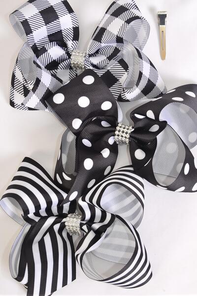Hair Bow Jumbo Plaid Polka dots Stripe Mix Grosgrain Bow-tie Black Mix / 12 pcs Bow = Dozen Alligator Clip , Bow - 6" x 5" Wide , 4 of each Pattern Asst , Clip Strip & UPC Code