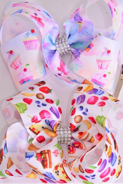 Hair Bow Jumbo Cupcake Macaroon Dessert Cookie Ice Cream Etc Grosgrain Bow-tie / 12 pcs Bow = Dozen  Alligator Clip , Size - 6" x 5" Wide , 6 Of each Pattern Asst , Clip Strip & UPC Code