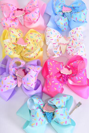 Hair Bow Jumbo Double Layered Jimmies Sprinkles Ice Cream Charm Grosgrain Bow-tie /  12 pcs Bow = Dozen Alligator Clip , Size - 6" x 5", 2 White , 2 Baby Pink , 2 Lavender , 2 Hot Pink , 2 Mint Green , 1 Blue , 1 Yellow Color Asst , Clip Strip & UPC Code