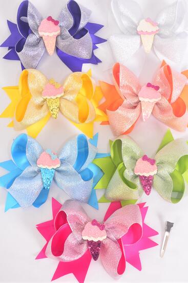 Hair Bow Jumbo Double Layered Metallic Ice Cream Charm Citrus Grosgrain Bow-tie / 12 pcs Bow = Dozen  Alligator Clip , Size - 6" x 5" Wide , 2 Fuchsia , 2 Blue , 2 Yellow , 2 Purple , 2 White , 1 Lime , 1 Orange Color Mix , Clip Strip & UPC Code