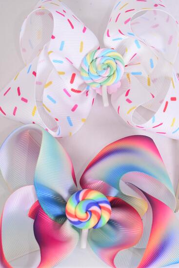 Hair Bow Jumbo Tiedye Sprinkles Lollipop Charm Grosgrain Bow-tie / 12 pcs Bow = Dozen Lollipop , Alligator Clip , Size - 6" x 5" Wide , 3 of each Color Asst , Clip Strip and UPC Code