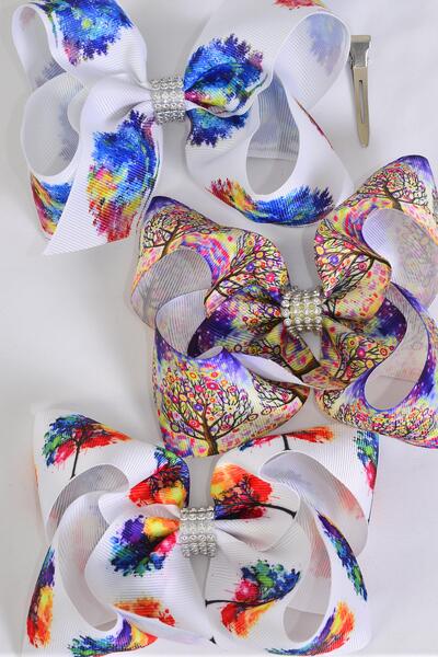 Hair Bow Jumbo Foliage Tree Etc Grosgrain Bow-tie / 12 pcs Bow = Dozen  Alligator Clip , Size - 6" x 5" Wide , 4 Of Each Pattern Asst , Clip Strip and UPC Code