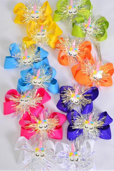 Hair Bow 24 pcs Iridescent Center Unicorn Charm Citrus Grosgrain Bow-tie / 24 pcs Bow = Dozen  Alligator Clip , Size - 3.5" x 3" Wide , 2 Fuchsia , 2 Blue , 2 Yellow , 2 Purple , 2 White , 1 Lime , 1 Orange Color Mix , Clip Strip & UPC Code