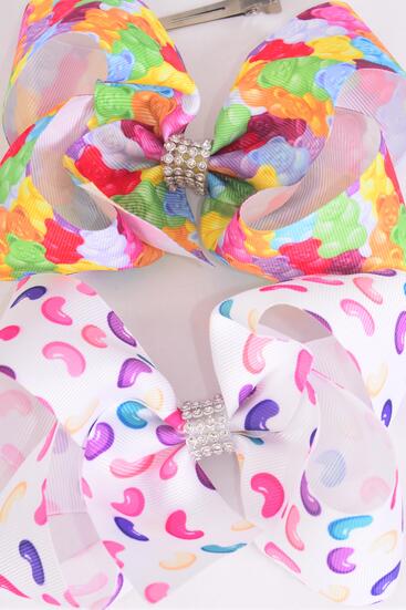 Hair Bow Jumbo Gummy Bear & Jelly Bean Candies  Mix Grosgrain Bow-tie / 12 pcs Bow = Dozen Alligator Clip , Size - 6" x 5" Wide , 6 Of Each Pattern Asst , Clip Strip & UPC Code