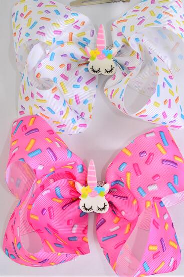 Hair Bow Sprinkles Center w Unicorn Charm Grosgrain Bow-tie / 12 pcs Bow = Dozen Alligator Clip , Size - 6.5" x 6" Wide , 6 Of Each Pattern Asst , Clip Strip & UPC Code