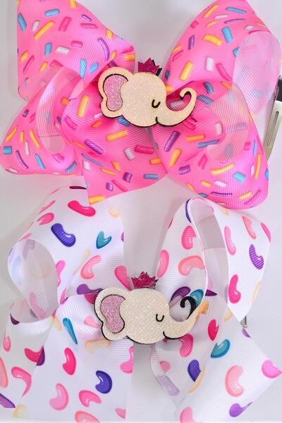 Hair Bow Jelly Bean Sprinkles Pattern Mix center w Elephant Charm Grosgrain Bow-tie / 12 pcs Bow = Dozen Alligator Clip , Size - 6.5" x 6" Wide , 6 Of Each Pattern Asst , Clip Strip & UPC Code