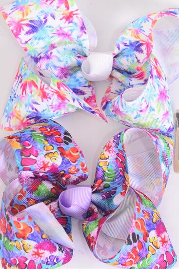 Hair Bow Jumbo Coral Reef Pam Tree Clown fish Pattern Mix Grosgrain Bow-tie / 12 pcs Bow = Dozen  Alligator Clip , Bow - 6" x 5" Wide , 6 of each Pattern Asst , Clip Strip & UPC Code