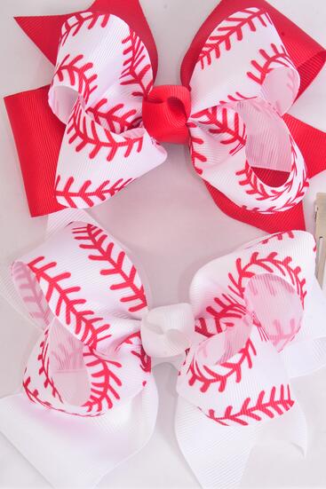 Hair Bow Jumbo Double Layered Baseball Grosgrain Bow-tie / 12 pcs Bow = Dozen Alligator Clip , Size - 6" x 5" Wide , 6 Red , 6 white Color Asst , Clip Strip and UPC Code