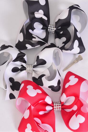 Hair Bow Jumbo Mouse Ear Red White Black Mix Grosgrain Bow-tie / 12 pcs Bow = Dozen  Alligator Clip , Size - 6" x 5" Wide , 4 Red , 4 White , 4 Black Color Mix , Clip Strip & UPC Code