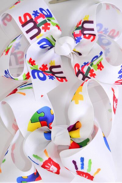 Hair Bow Jumbo Autism Grosgrain Bow-tie /  12 pcs Bow = Dozen Autism , Alligator Clip , Size - 6" x 5" Wide , 6 Of each Pattern Asst , Clip Strip and UPC Code