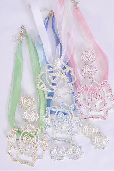 Necklace Sets Rose w Rhinestone Asst Colors / 12 Sets = Dozen ASST, Post , Rose - 2.5" Wide , Earring - 1" Wide , 4 Pastel , 4 Pink , 4 White Color Asst , Display Card & OPP Bag & UPC Code