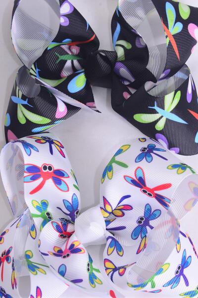 Hair Bow Jumbo Dragonfly Grosgrain Bow-tie / 12 pcs Bow = Dozen  Alligator Clip , Size - 6" x 5" Wide , 6 Of each Pattern Asst , Clip Strip and UPC Code