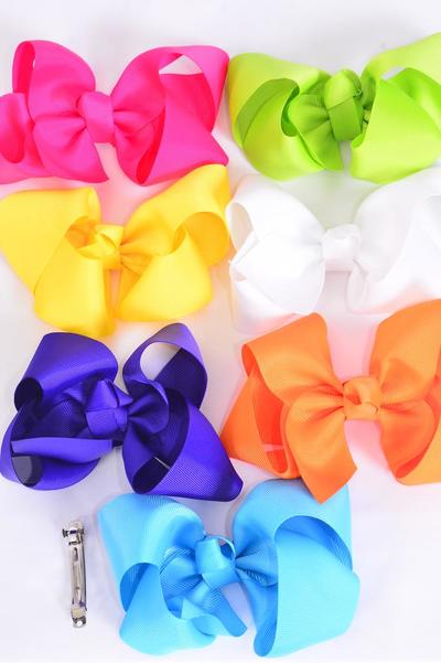 Hair Bow Jumbo Citrus Grosgrain Bow-tie / 12 pcs Bow = Dozen French Clip , Bow - 6" x 5" Wide , 2 White , 2 Turquoise , 2 Fuchsia , 2 Purple , 2 Orange , 1 Lime, 1 Yellow Colour Asst , Clip Strip & UPC Code
