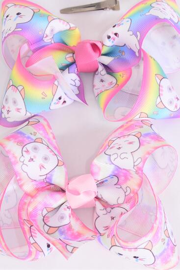 Hair Bow Jumbo Cute Kitty Cat Grosgrain Bow-tie / 12 pcs Bow = Dozen Alligator Clip , Size - 6" x 5" Wide , 6 Of Each Pattern Asst , Clip Strip & UPC Code