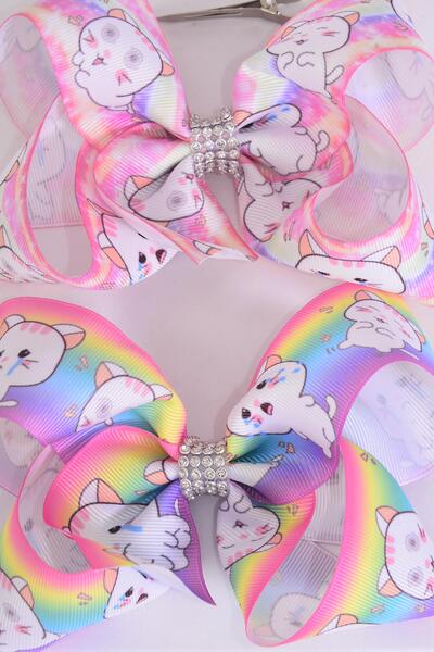 Hair Bow Jumbo Cute Kitten Grosgrain Bow-tie / 12 pcs Bow = Dozen Alligator Clip , Size - 6" x 5" Wide , 6 Of Each Pattern Asst , Clip Strip & UPC Code