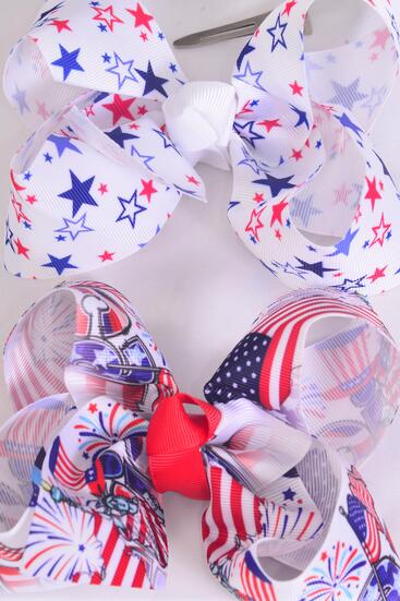 Hair Bow Jumbo Patriotic Flag Star Firework Mix Grosgrain Bow-tie / 12 pcs Bow = Dozen Alligator Clip ,  Bow - 6" x 5" Wide , 6 of each Pattern Asst , Clip Strip & UPC Code