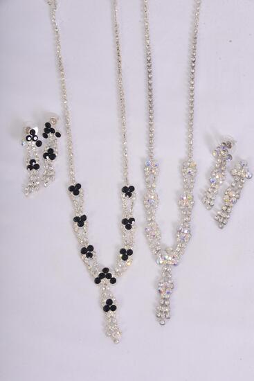 Necklace Sets Rhinestone Flowers AB Clear Black Color Asst / 12 Sets = Dozen Post , Size -18" Extension Chain , 6 Black , 6 AB Clear Color Asst , Black Velvet Display Card & OPP Bag & UPC Code