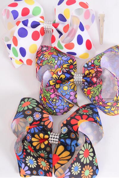 Hair Bow Jumbo Abstract Polka dots Flower Power Peace Sign Grosgrain Bow-tie / 12 pcs Bow = Dozen Alligator Clip , Size - 6" x 5" Wide , 3 Of each Pattern Asst , Clip Strip & UPC Code