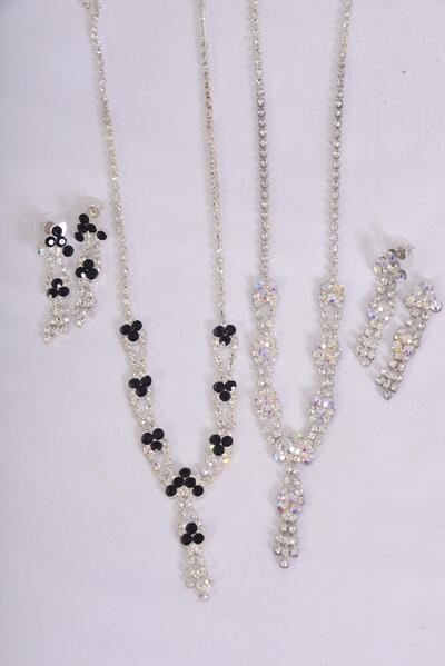 Necklace Sets Rhinestone Flowers / 12 Sets = Dozen Post , Size -18" Extension Chain , Black Velvet Display Card & OPP Bag & UPC Code , Choose Colors