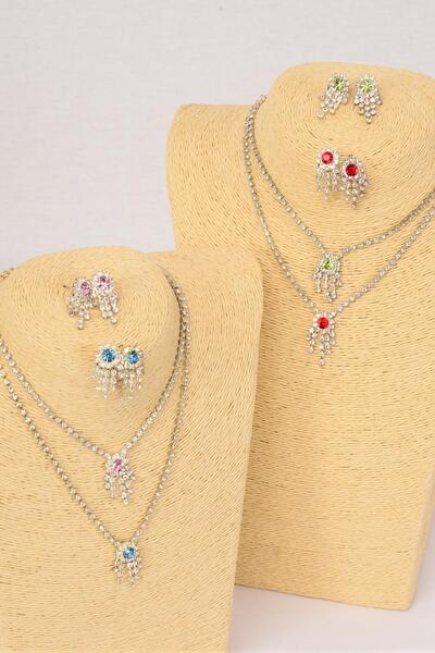 Necklace Sets Choker Rhinestones / 12 Sets = Dozen Post , 16" Extension Chain , Velvet Display Card & Opp Bag & UPC Code , Choose Colors
