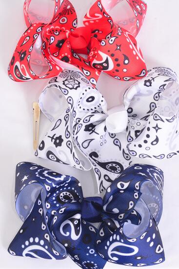 Hair Bow Jumbo Bandana Paisley Red White navy Mix Grosgrain Bow-tie / 12 pcs = Dozen Alligator Clip , Size - 6" x 5" Wide , 4 Red , 4 White , Navy Color Asst , Clip Strip & UPC Code