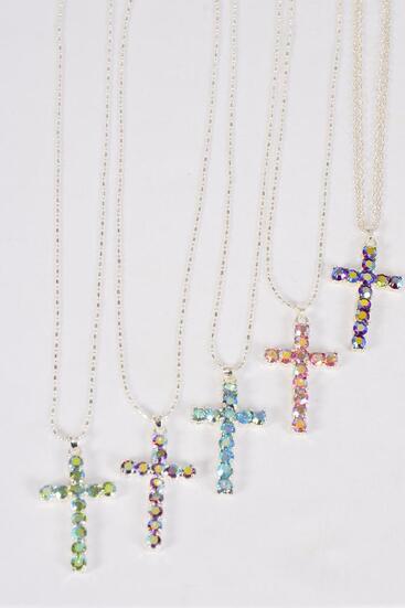 Necklace Cross Iridescent Rhinestones Multi / 12 pcs = Dozen Multi , Cross Size - 2" x 1" Wide , Chain 24" Long , 4 Rainbow , 4 Lime Green , 4 Aqua Color Asst , Hang Tag & OPP bag & UPC Code