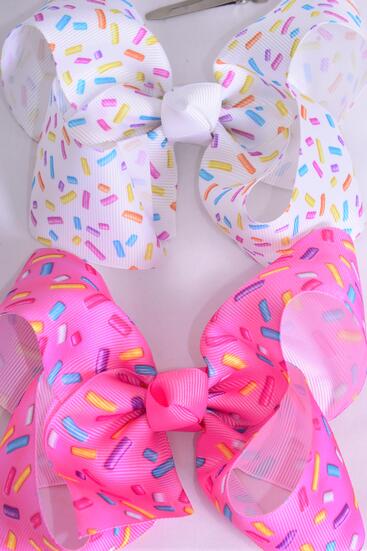 Hair Bow Jumbo Rainbow Sprinkles Grosgrain Bow-tie / 12 pcs Bow = Dozen Alligator Clip , Size - 6" x 5" Wide , 6 of each Pattern Asst , Clip Strip & UPC Code