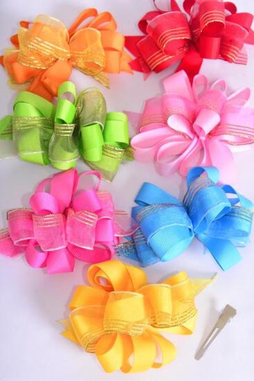 Hair Bow Loop Bow Grosgrain Chiffon Mix Multi / 12 pcs Bow = Dozen  Alligator Clip , Bow Size - 5" x 4", 2 Hot Pink , 2 Red , 2 Blue , 2 Yellow , 2 Baby Pink , 1 Lime , 1 Orange Mix , Clip Strip & UPC Code