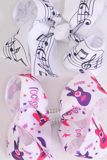Hair Bow Jumbo Music Note Rock Star Pattern Mix Grosgrain Bow-tie / 12 pcs = Dozen  Alligator Clip , Size - 6" x 5" Wide , 6 Of Each Pattern Asst , Clip Strip & UPC Code
