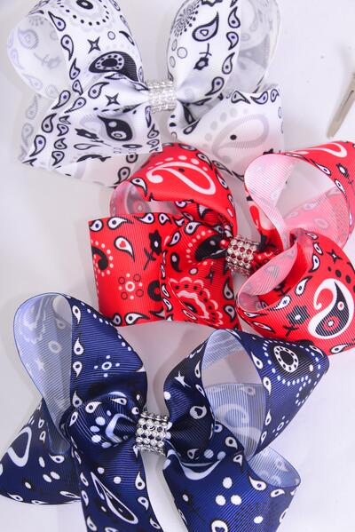 Hair Bow Jumbo Bandana Paisley Grosgrain Bow-tie / 12 pcs = Dozen Alligator Clip , Size - 6" x 5" Wide , 4 Of each Pattern Asst , Clip Strip & UPC Code