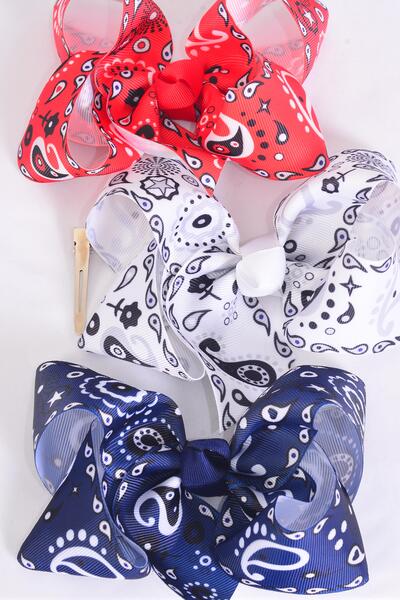 Hair Bow Jumbo Bandana Paisley Red White navy Mix Grosgrain Bow-tie / 12 pcs = Dozen Alligator Clip , Size - 6" x 5" Wide , 4 Red , 4 White , Navy Color Asst , Clip Strip & UPC Code