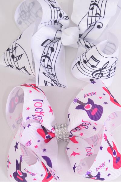 Hair Bow Jumbo Music Note Rock Star Pattern Mix Grosgrain Bow-tie / 12 pcs = Dozen  Alligator Clip , Size - 6" x 5" Wide , 6 Of Each Pattern Asst , Clip Strip & UPC Code
