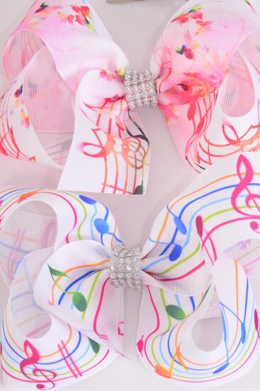 Hair Bow Jumbo Music Note Grosgrain Bow-tie / 12 pcs = Dozen Music Note , Alligator Clip , Size - 6" x 5" Wide , 6 Of Each Pattern Asst , Clip Strip & UPC Code
