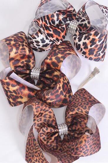 Hair Bow Jumbo Leopard Pattern Mix Grosgrain Bow-tie / 12 pcs Bow = Dozen Leopard , Alligator Clip , Size - 6" x 5" Wide , 4 of each Pattern , Clip Strip & UPC Code