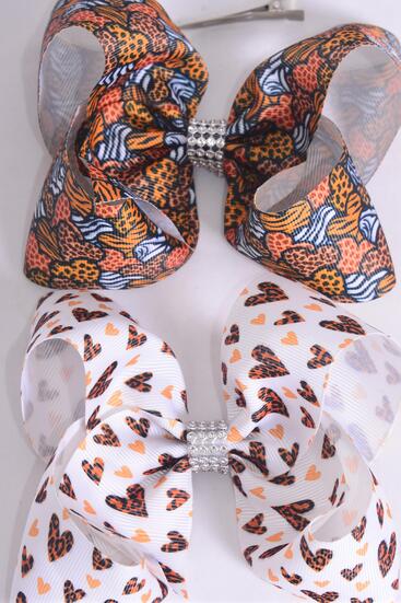 Hair Bow Jumbo Leopard Heart Mix Grosgrain Bow-tie / 12 pcs Bow = Dozen Alligator Clip , Size - 6" x 5" Wide , 6 of each Pattern , Clip Strip & UPC Code